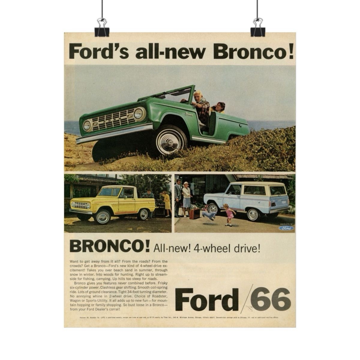 Ford Bronco 1966 Poster Advertising Ad Print Wall Art 24x36”