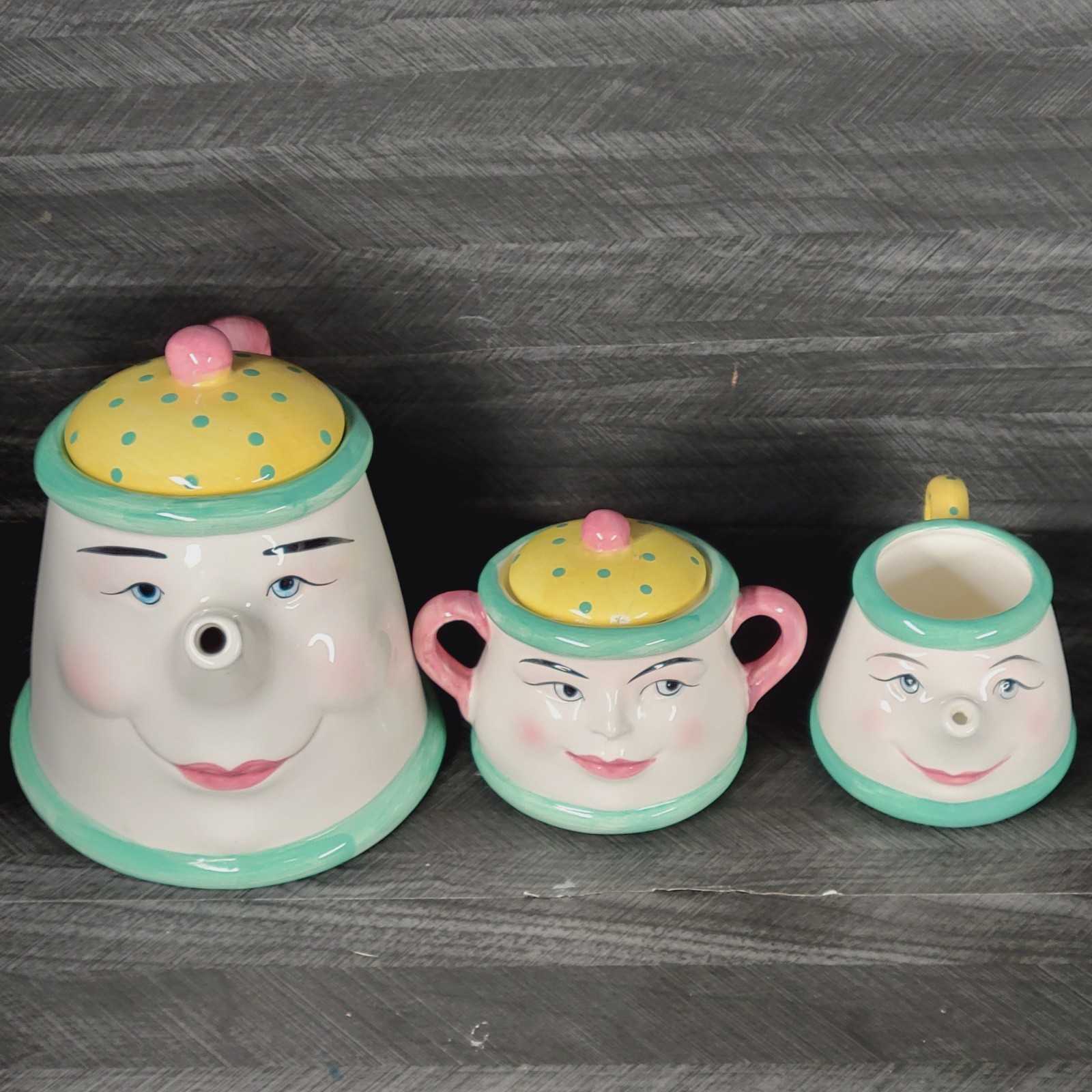 Clay Art Coffee Break Coffee Pot Sugar Creamer Set Anthropomorphic Face VTG 1993