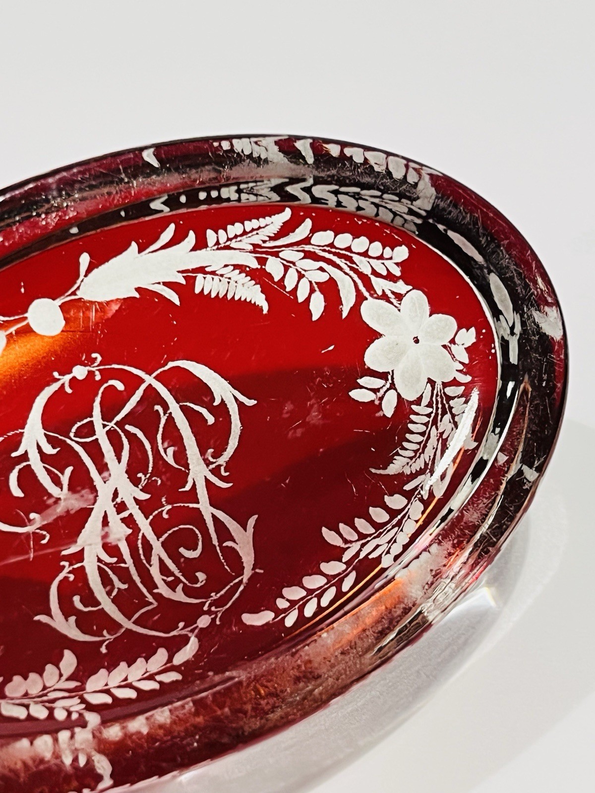 Antique 1880’s Bohemia Crystal Clear & Etched Cranberry Red Bottom Trinket 4.5”