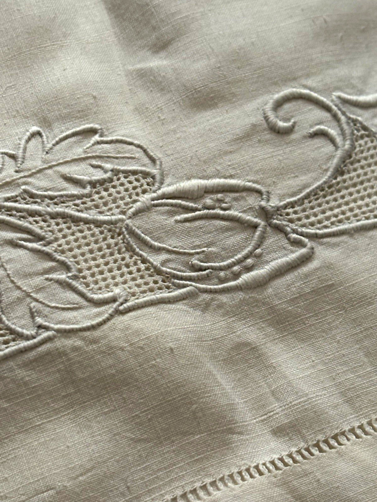 Antique White on white linen embroidered cotton flat sheet queen/king  monogram