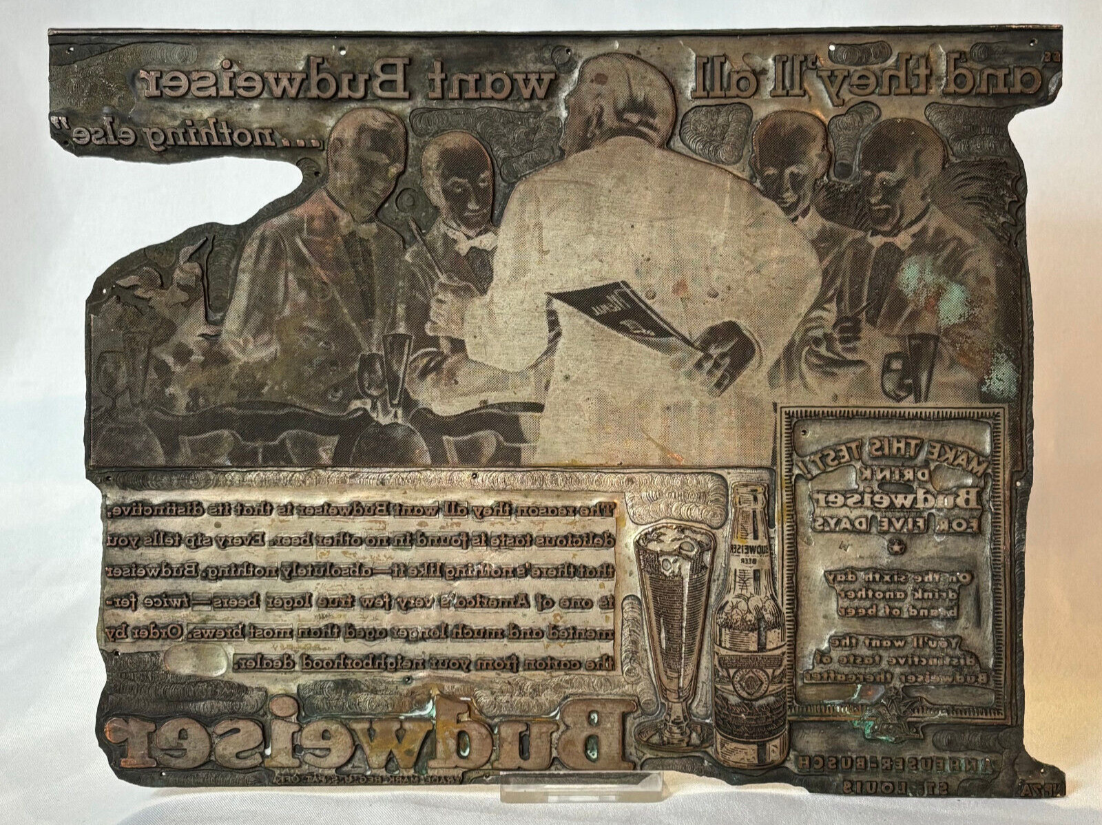 1930\'s Budweiser Intaglio Printing Plate Advertisement Waiter With A Menu