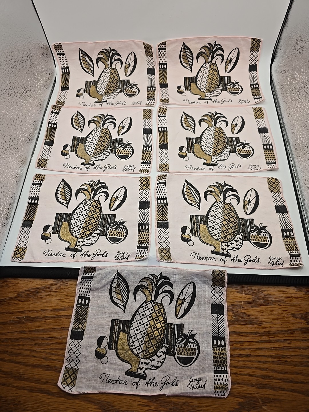 Vtg Georges Briard Linen Cocktail Napkins Set 7 Nectar Of The Gods Barware 