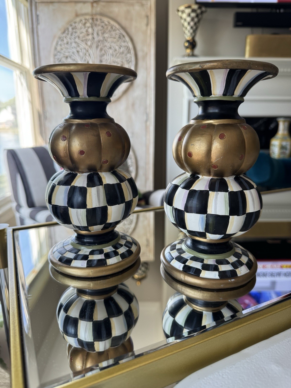 MacKenzie-Childs Set Of 2 Courtly Check Pumpkin Pillar Candle Holders