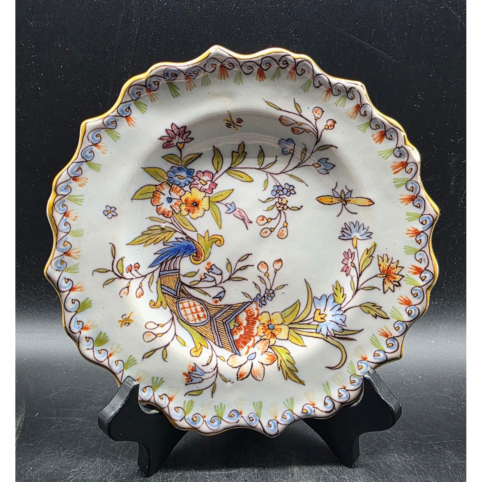 Antique Rouen French Faience Plate Hand Painted Cornucopia Scalloped 7.5\