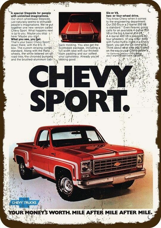 1976 CHEVY SPORT STEPSIDE Pickup Truck VintageLook DECORATIVE REPLICA METAL SIGN