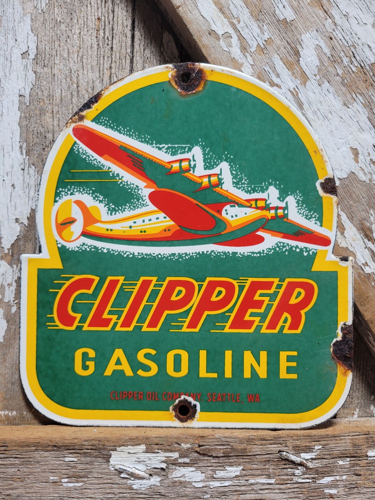 VINTAGE CLIPPER GASOLINE SIGN OLD PORCELAIN SEATTLE WA OIL GAS PUMP AIRPLANE 8\