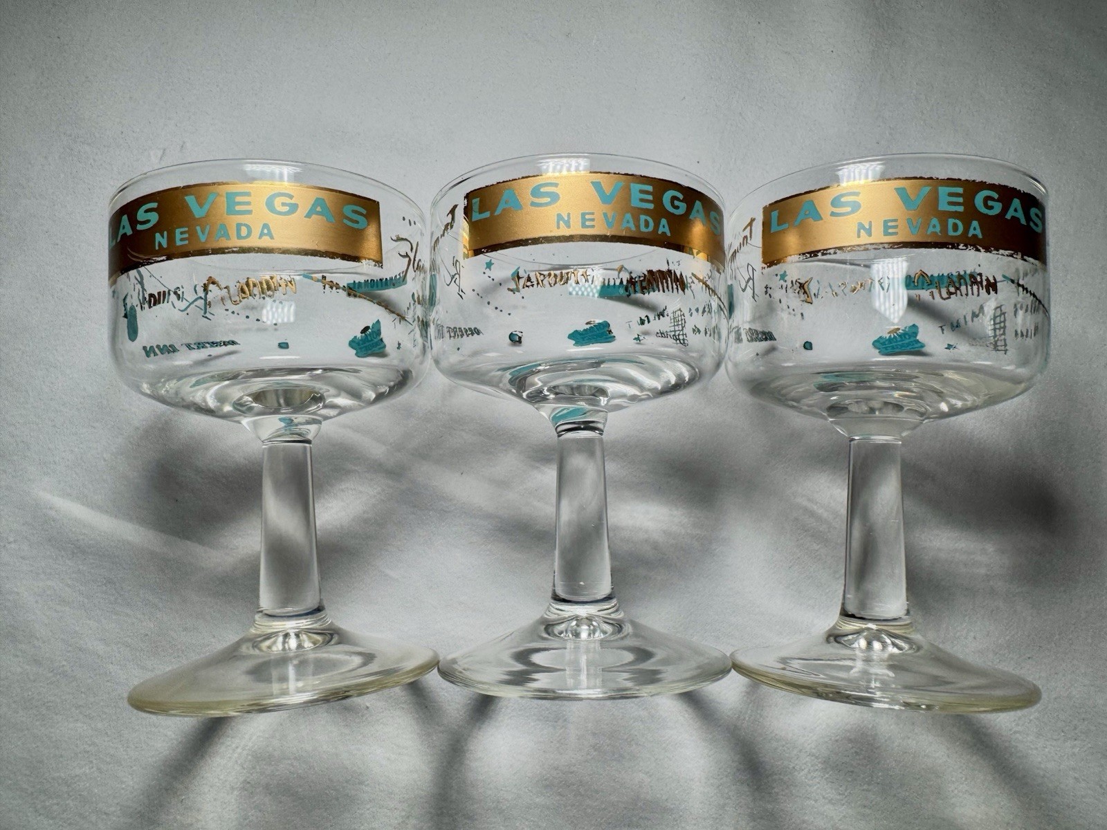 3 Vintage Las Vegas Glasses Casino Hotels Sands Desert Inn Stardust Flamingo