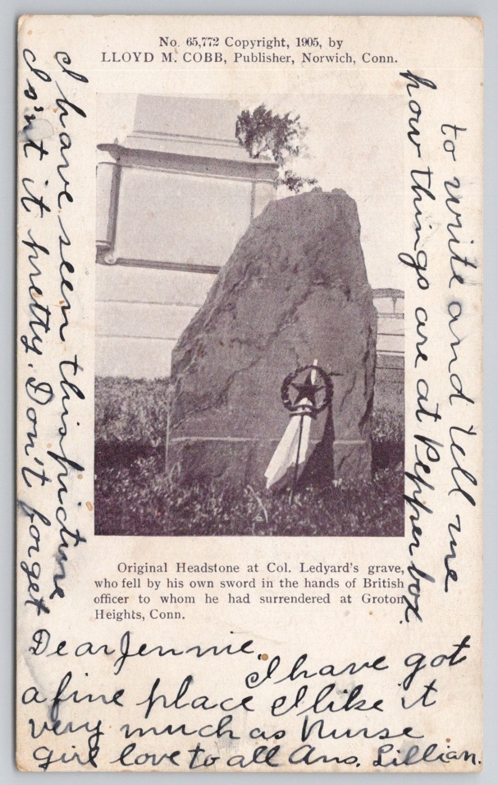 1905 Col. Ledyard\'s Grave Groton Heights CT Postcard Lloyd M Cobb Norwich
