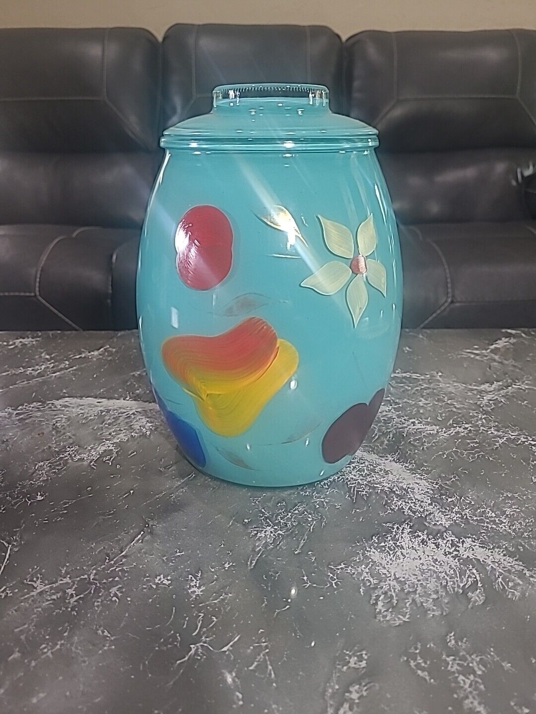 Vintage Bartlett Collins Cookie Jar Turquoise/Teal Fruit Blossom Cookie Jar RARE
