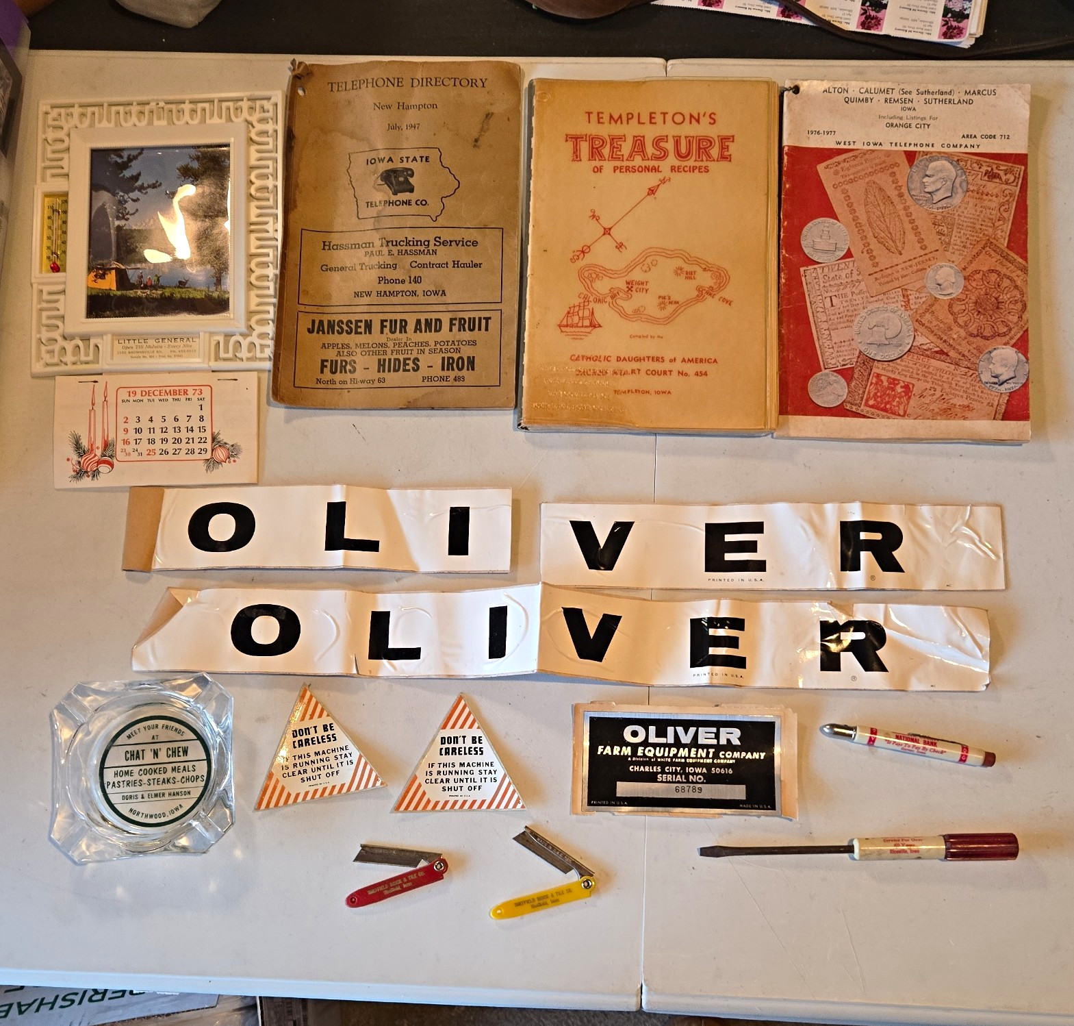 Vintage Iowa & Oliver Farm Equipment Ephemera Lot - Serial Plate, Phone Books Vintage Iowa & Oliver Farm Equipment Ephemera Lot - Serial Plate, Phone Books