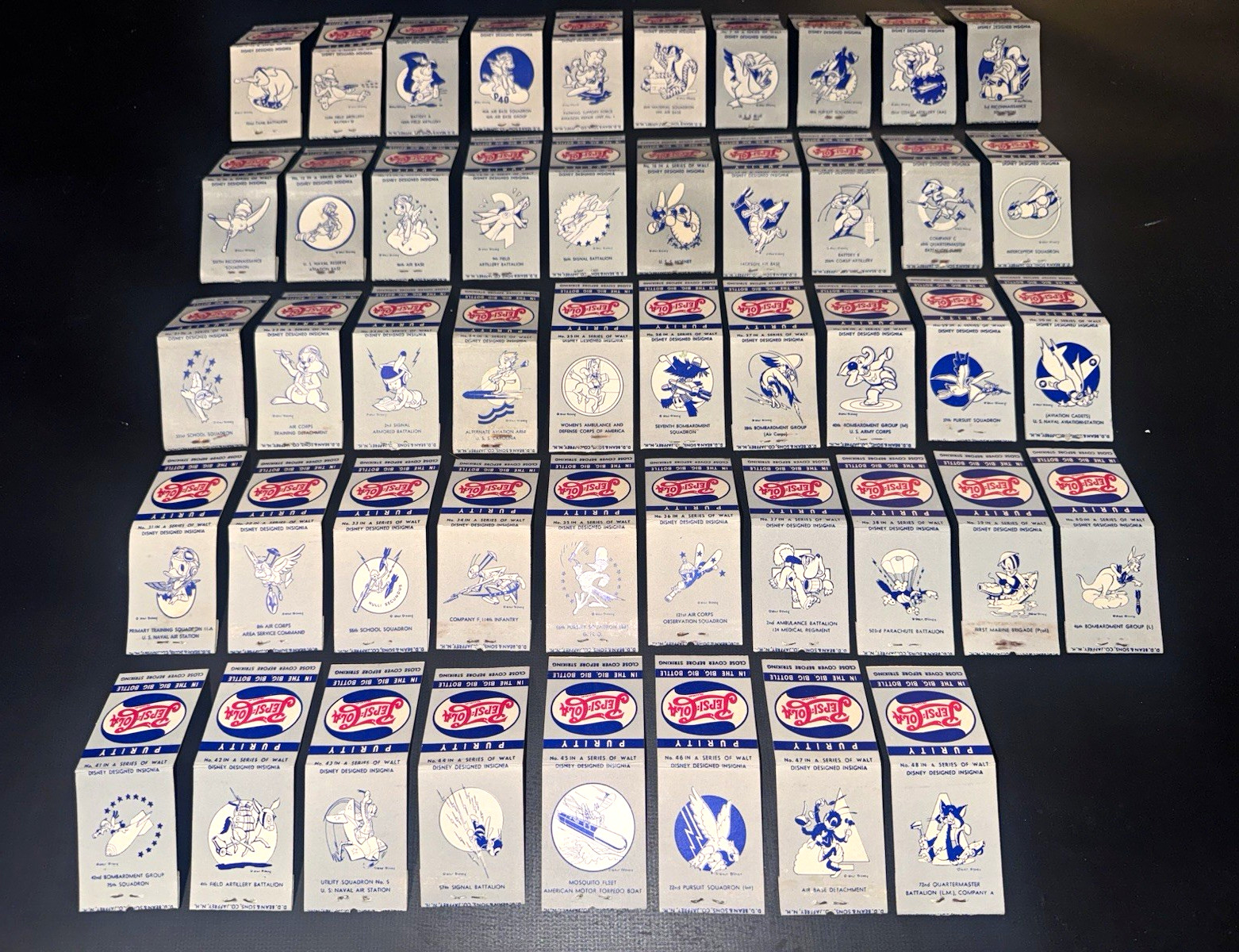 COMPLETE SET 48 WWII Pepsi Cola Walt Disney Military Insignia Matchcovers 1945