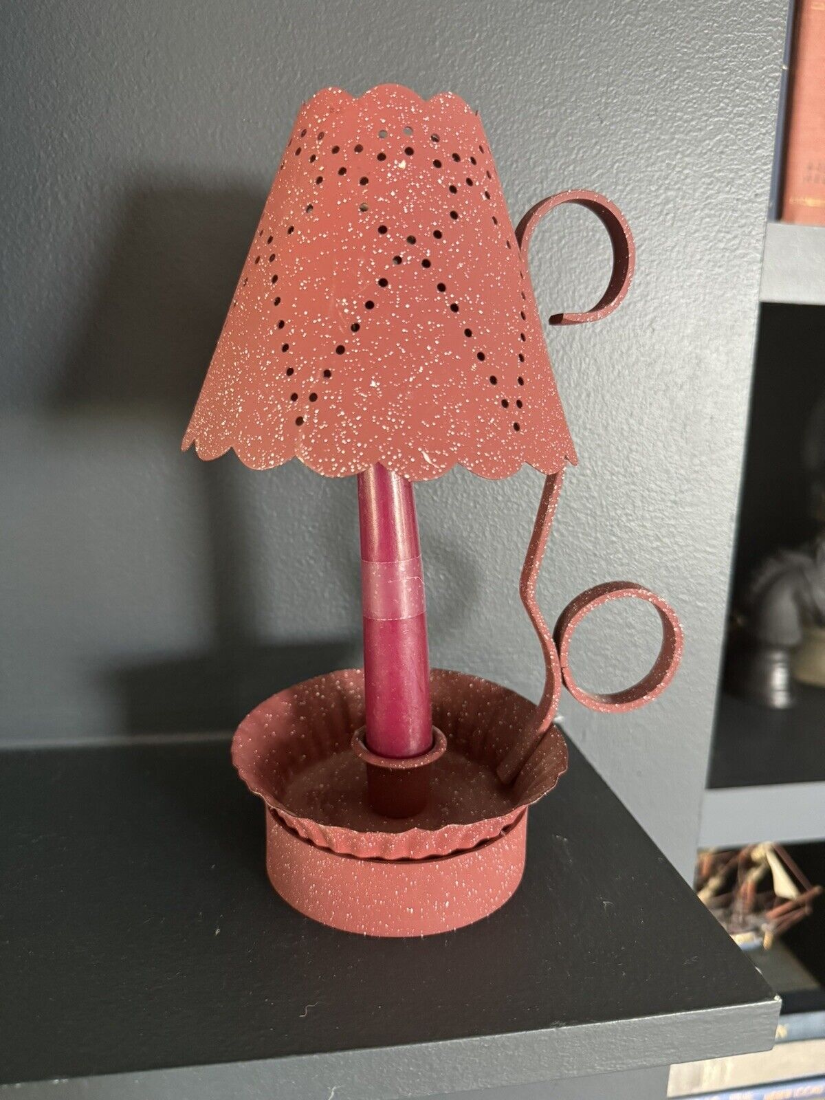 Vintage Tin Candle Stick Holder with Punched Tin Shade