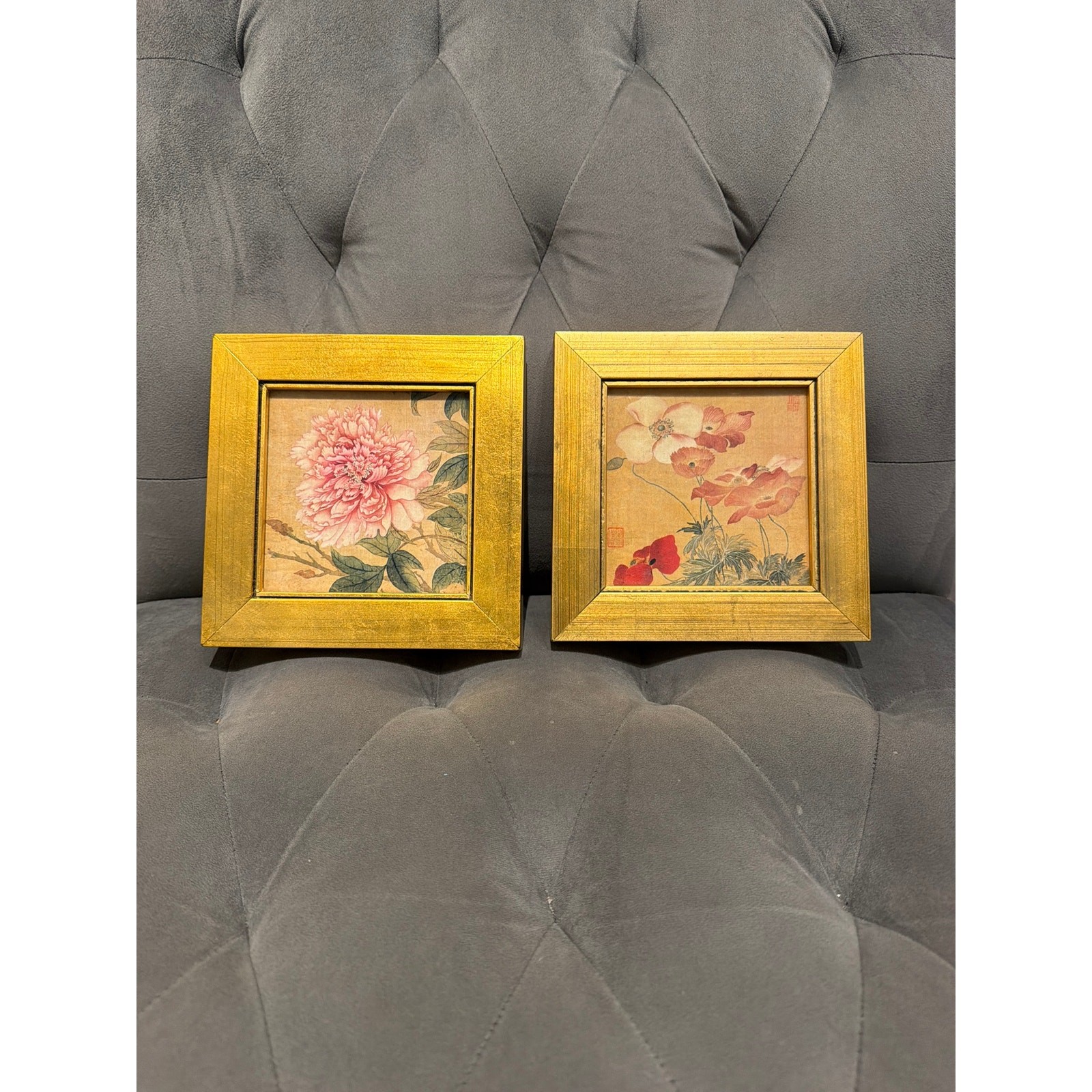 Vintage Yun Shouping Framed Chinese Art Prints Pair Peony Poppies Gold Gilt Wood
