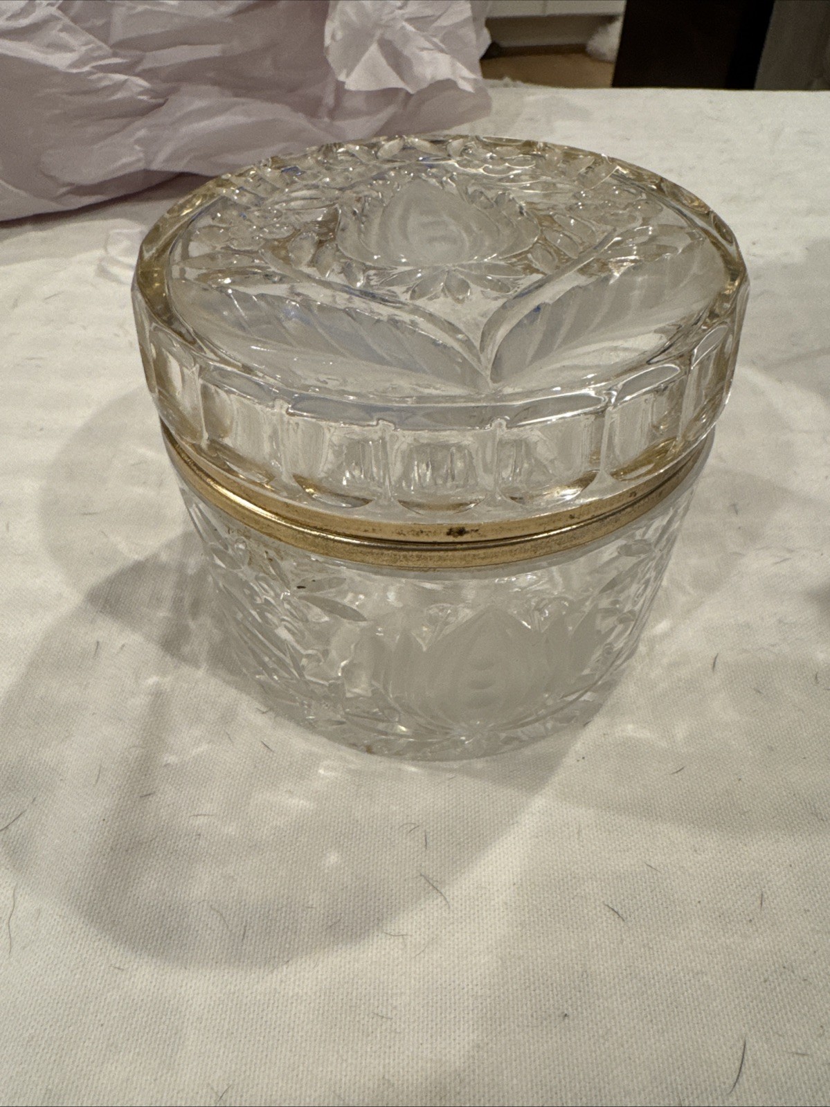 VTG French Clear Crystal Floral Cut Design Round Casket Brass Hinged Jewelry Box