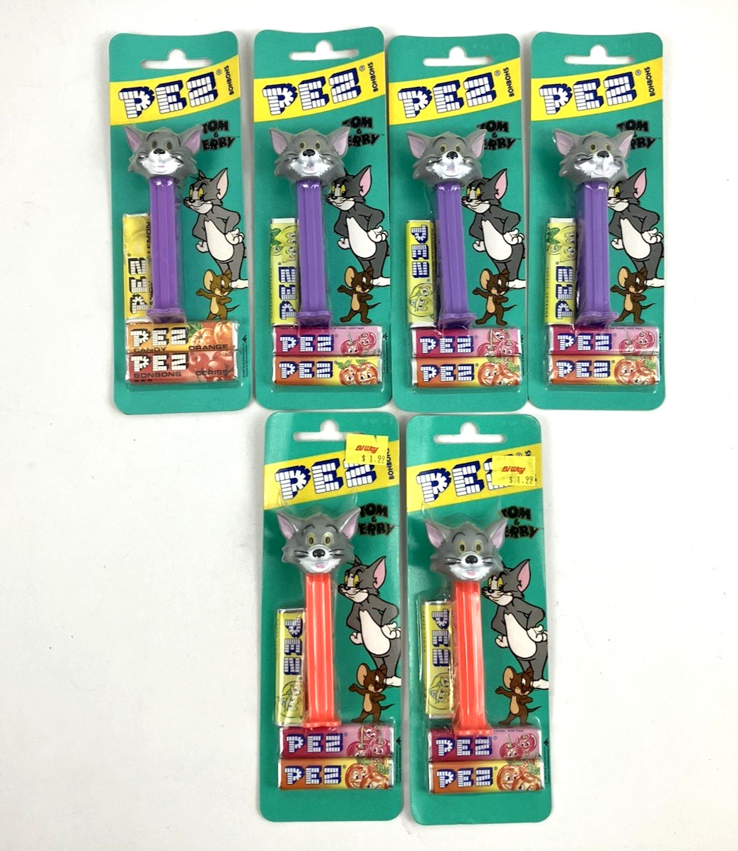 PEZ Tom Cat – Tom & Jerry – Lot of 6 – Euro Bonbons MOC – Purple & Orange Stems