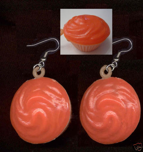 Huge Funky Orange Vintage CUPCAKES EARRINGS Fun Punk Food Charms Costume Jewelry