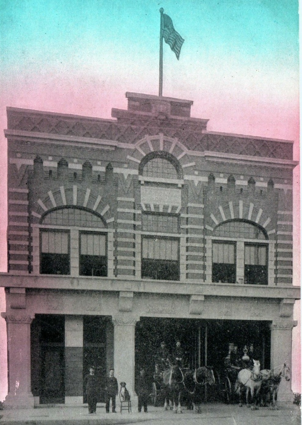 1910 Waterloo, IA Fire Station No. 2 Postcard Horse Drawn Engine Carriage Dog
