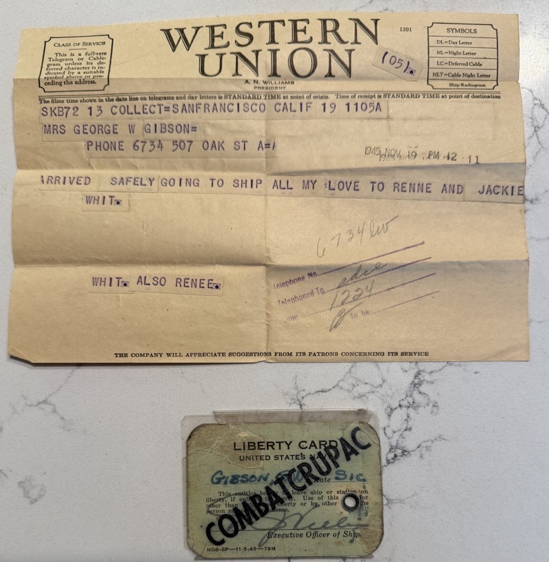 WWII US Navy Combat Zone Liberty Card 1945 + Western Union Telegram Ship Arrived