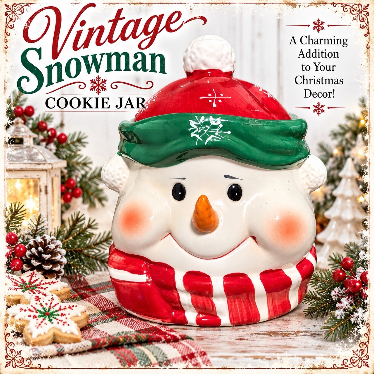 Vintage Snowman Christmas Ceramic Cookie Jar Red Green Hat Holiday Décor  ☃️