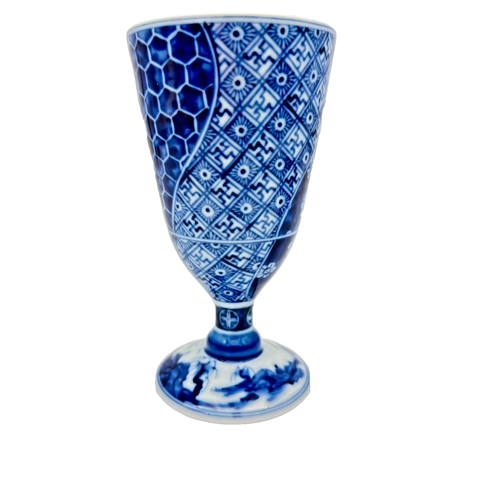 VTG Sanyo Toki “Ryuho Kiln” Arita Blue & White Stem Goblet Cup 6¼″ Patchwork VTG Sanyo Toki “Ryuho Kiln” Arita Blue & White Stem Goblet Cup 6¼″ Patchwork