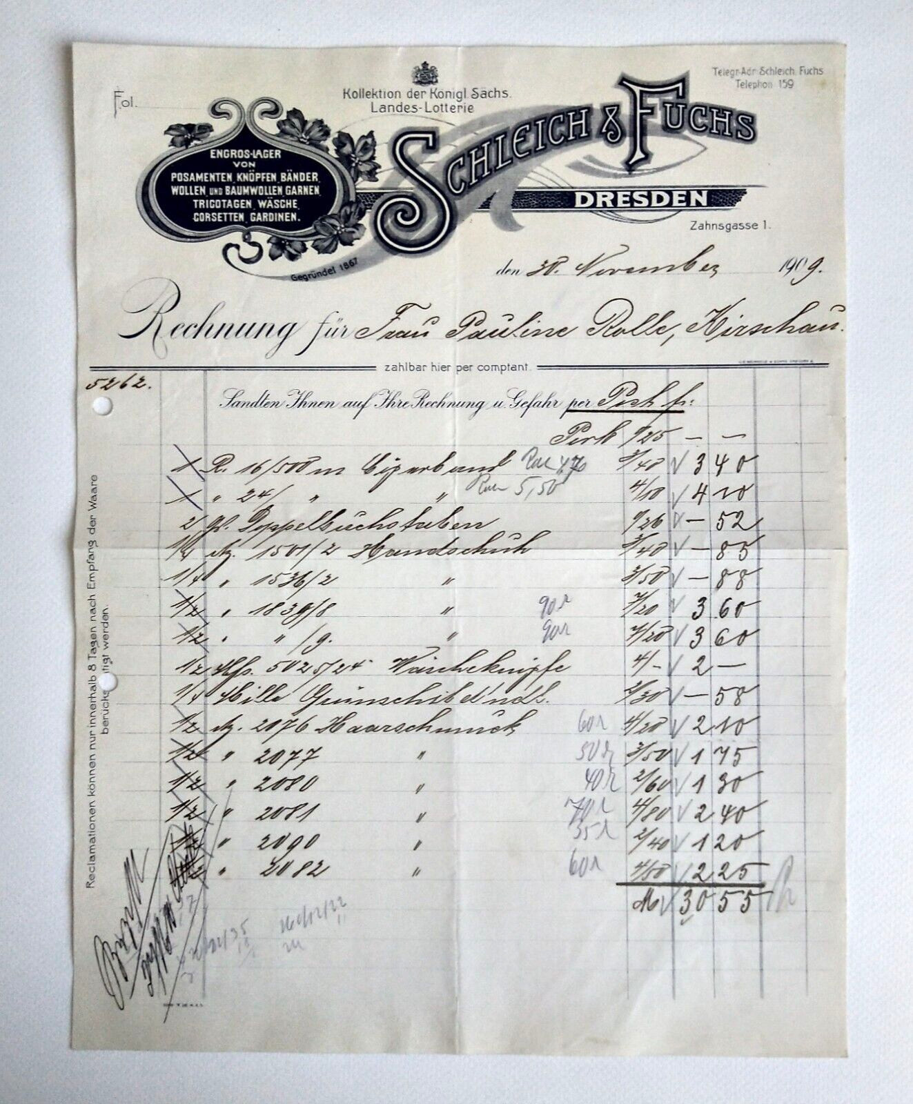 Old Invoice Schleich & Fuchs Dresden Engros Stock 1909 Litho Letterhead