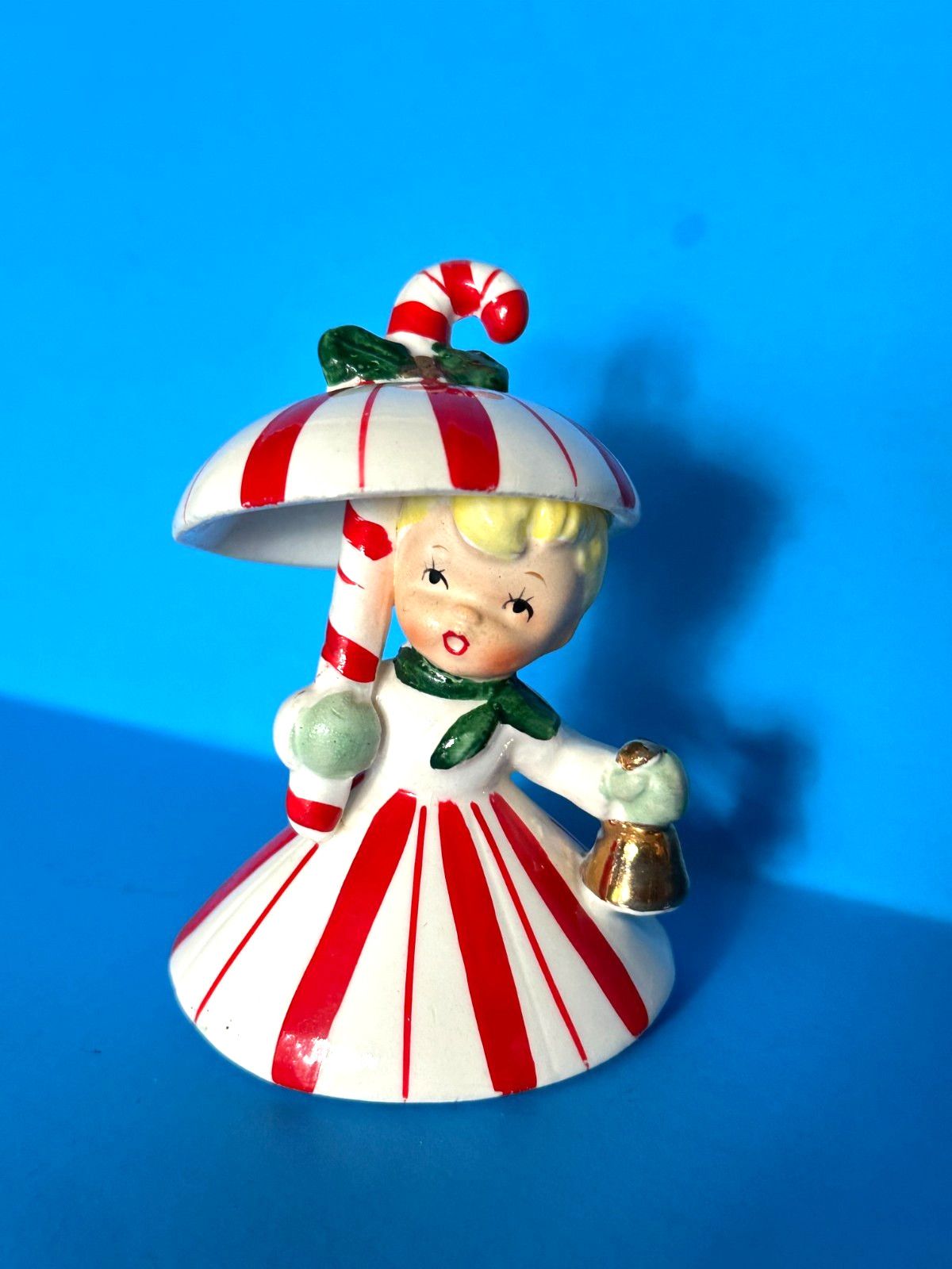 Vintage Napco Candy Cane Shopper Girl Bell with Umbrella Ceramic Figurine Japan