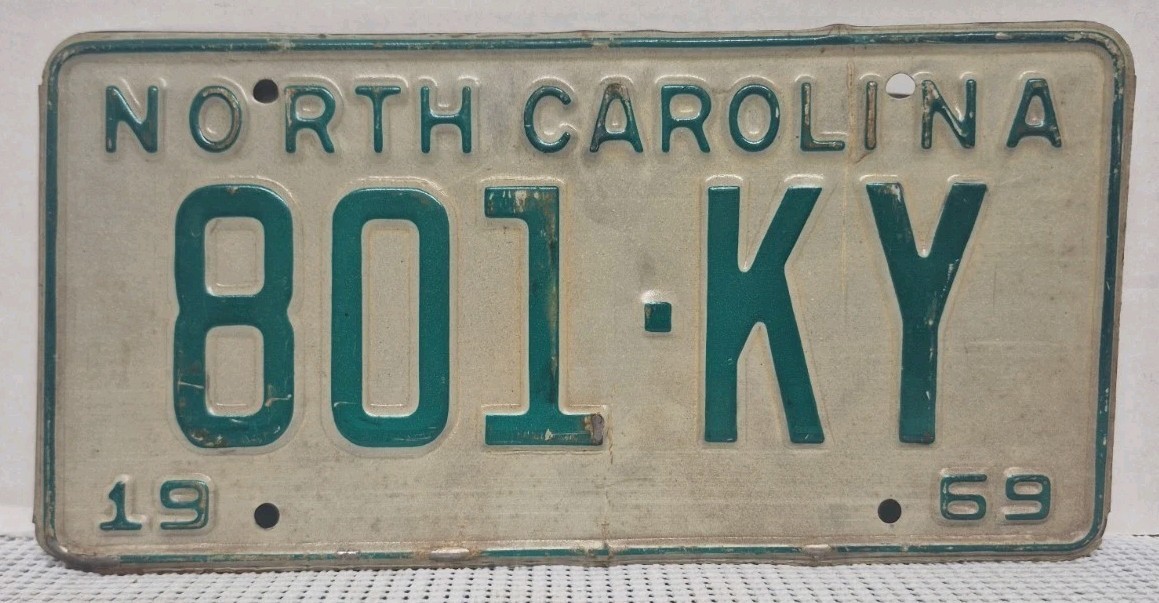 Vintage Original 1969 North Carolina License Plate (801-KY)