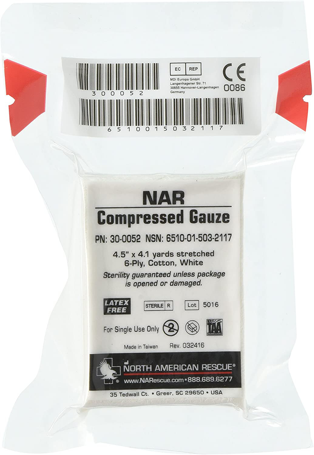 NAR Compressed Gauze 4.5 in. x 4.1 yd Sterile, 6-ply 30-0052 NAR Compressed Gauze 4.5 in. x 4.1 yd Sterile, 6-ply 30-0052