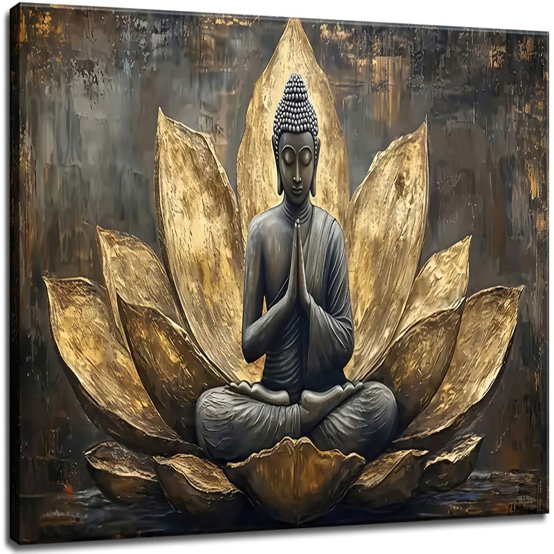 Txnxfksu Large Buddha Lotus Canvas Wall Art Abstract Gold And Grey Zen Buddhism