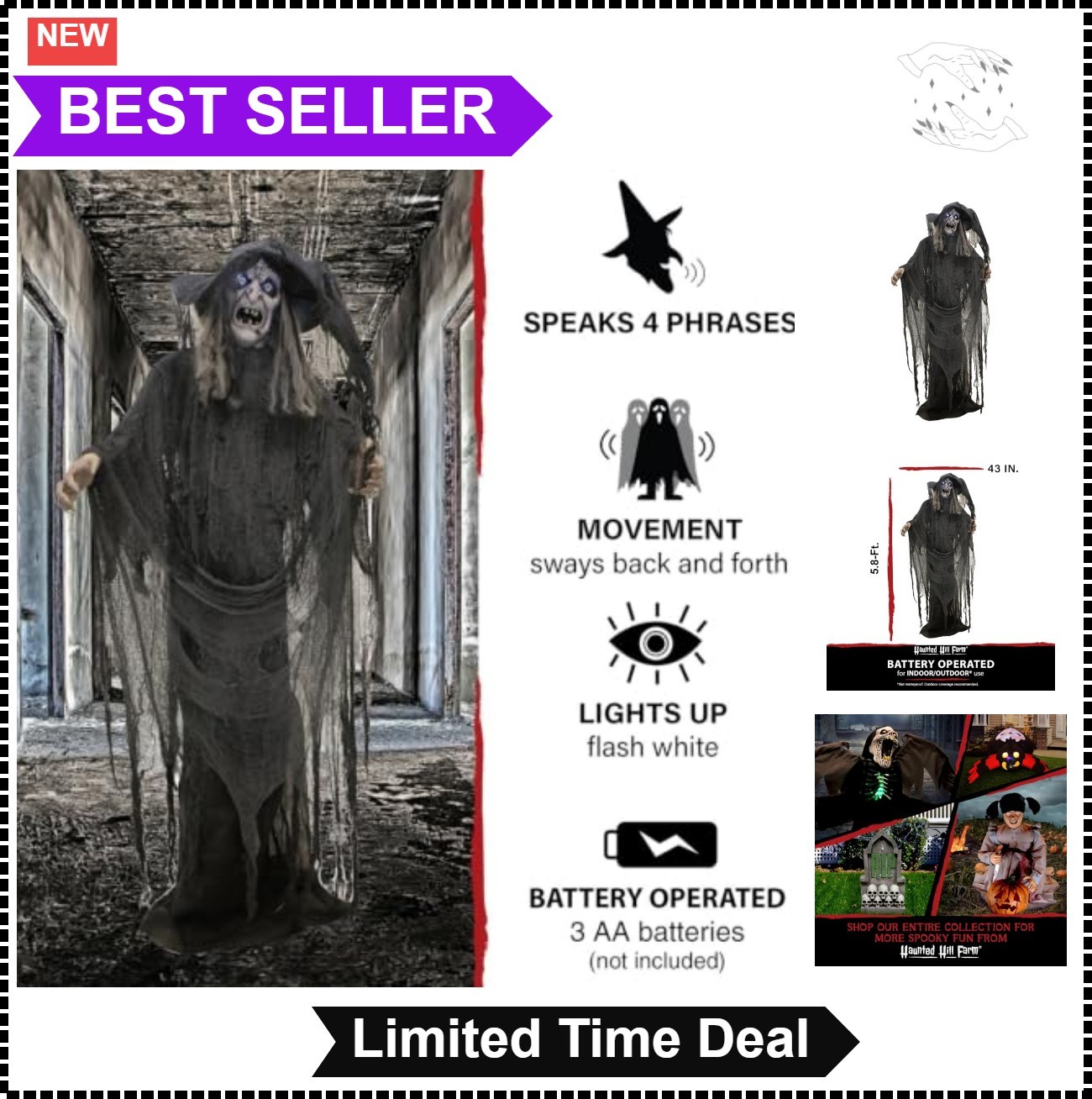 Life Size Animatronic Talking Witch 5.8 Ft Touch Activated LED Lights Sound