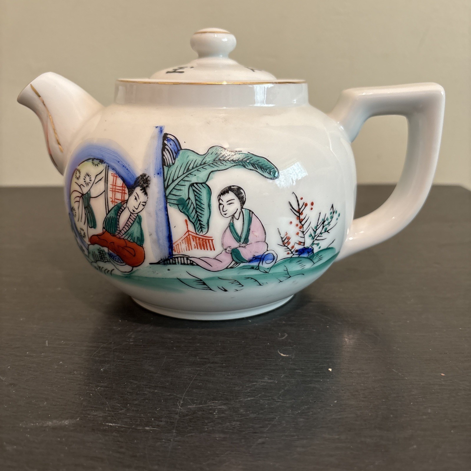 Japanese Porcelain Teapot Handpainted Couple, Trees & Asian Calligraphy Motif