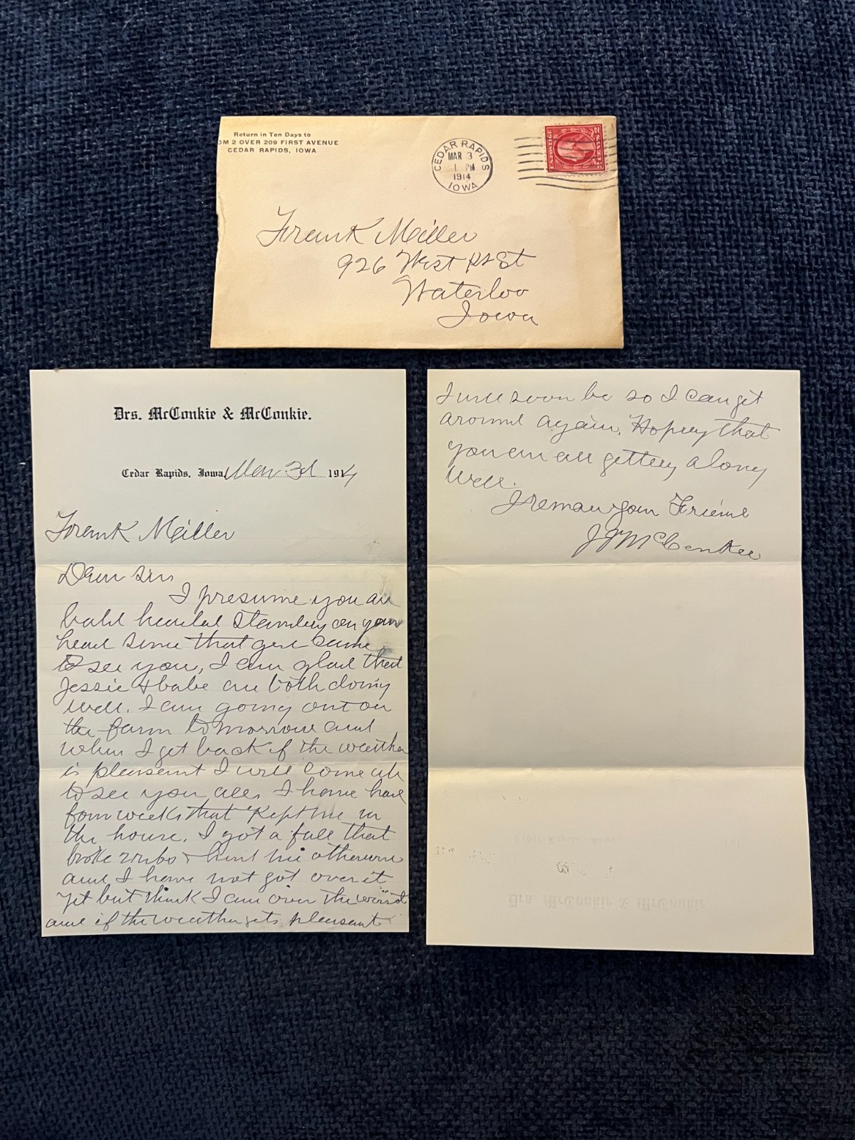 Antique 1914 Doctor\'s Letter Drs McConkie Cedar Rapids to Frank Miller Waterloo Antique 1914 Doctor\'s Letter Drs McConkie Cedar Rapids to Frank Miller Waterloo