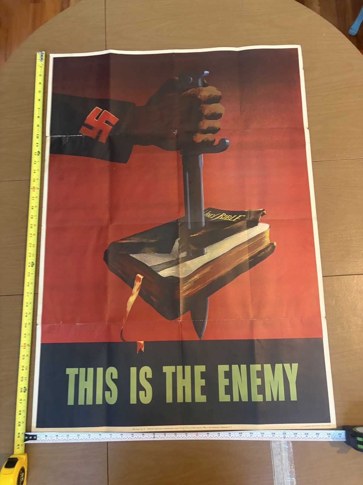 1943 WWII “This Is the Enemy” OWI Poster #76 Nazi Dagger Holy Bible 28.5×40”