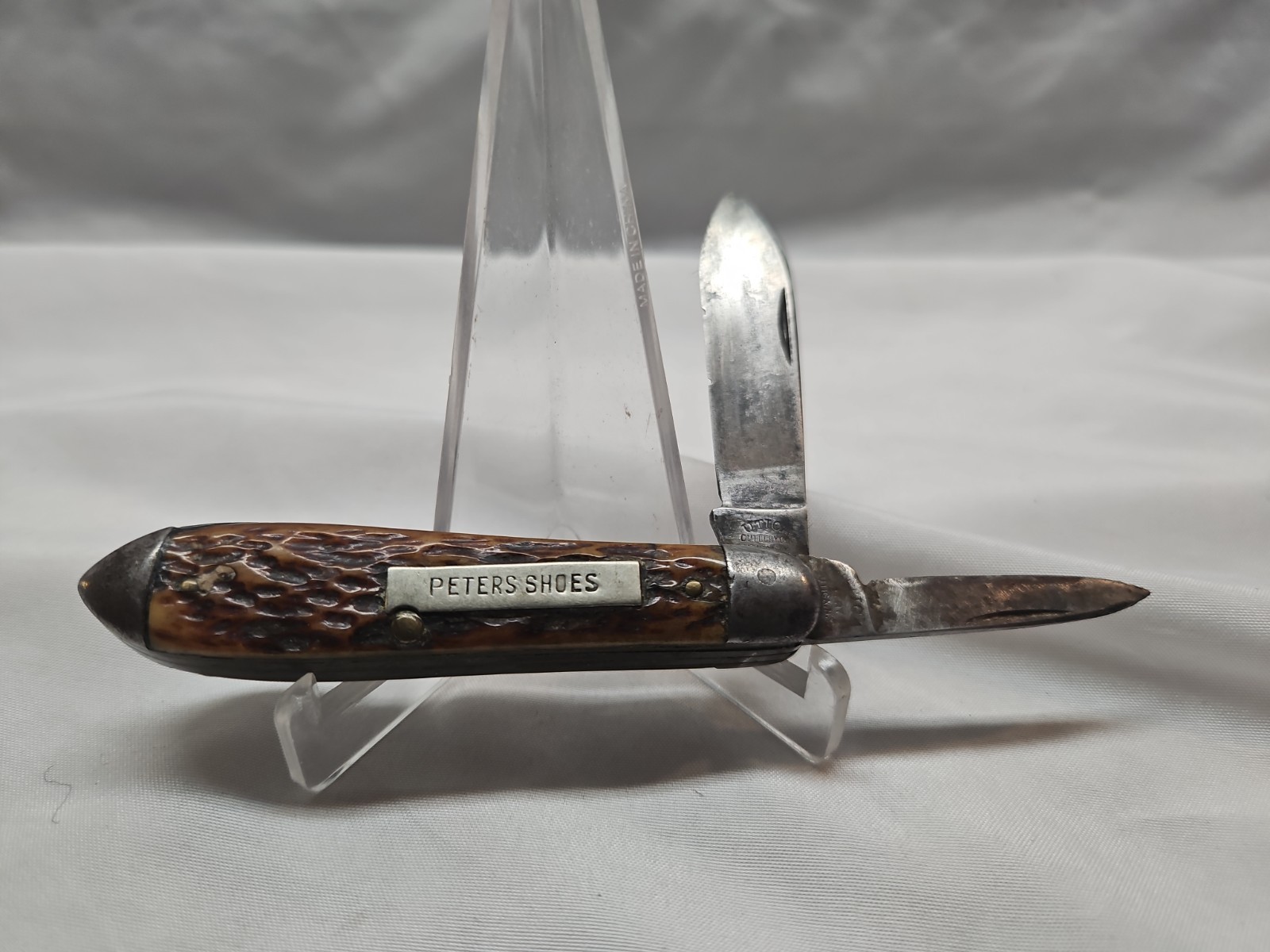 Antique Utica Cutlery Co PETERS SHOES Two Blade Folding Pocket Knife 
