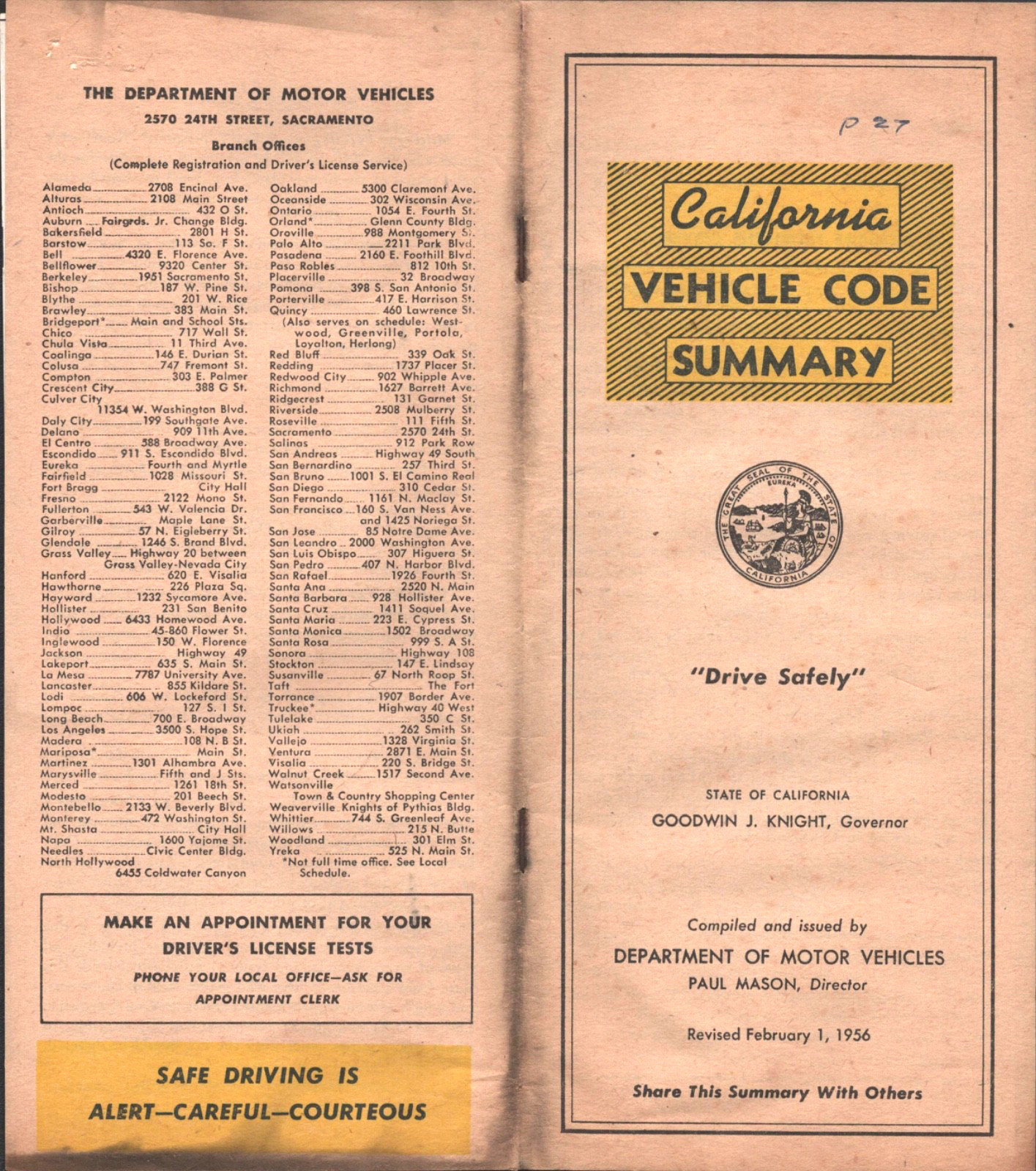 1956 CALIFORNIA VEHICLE SUMMARY vintage handbook of automobile laws car driver's