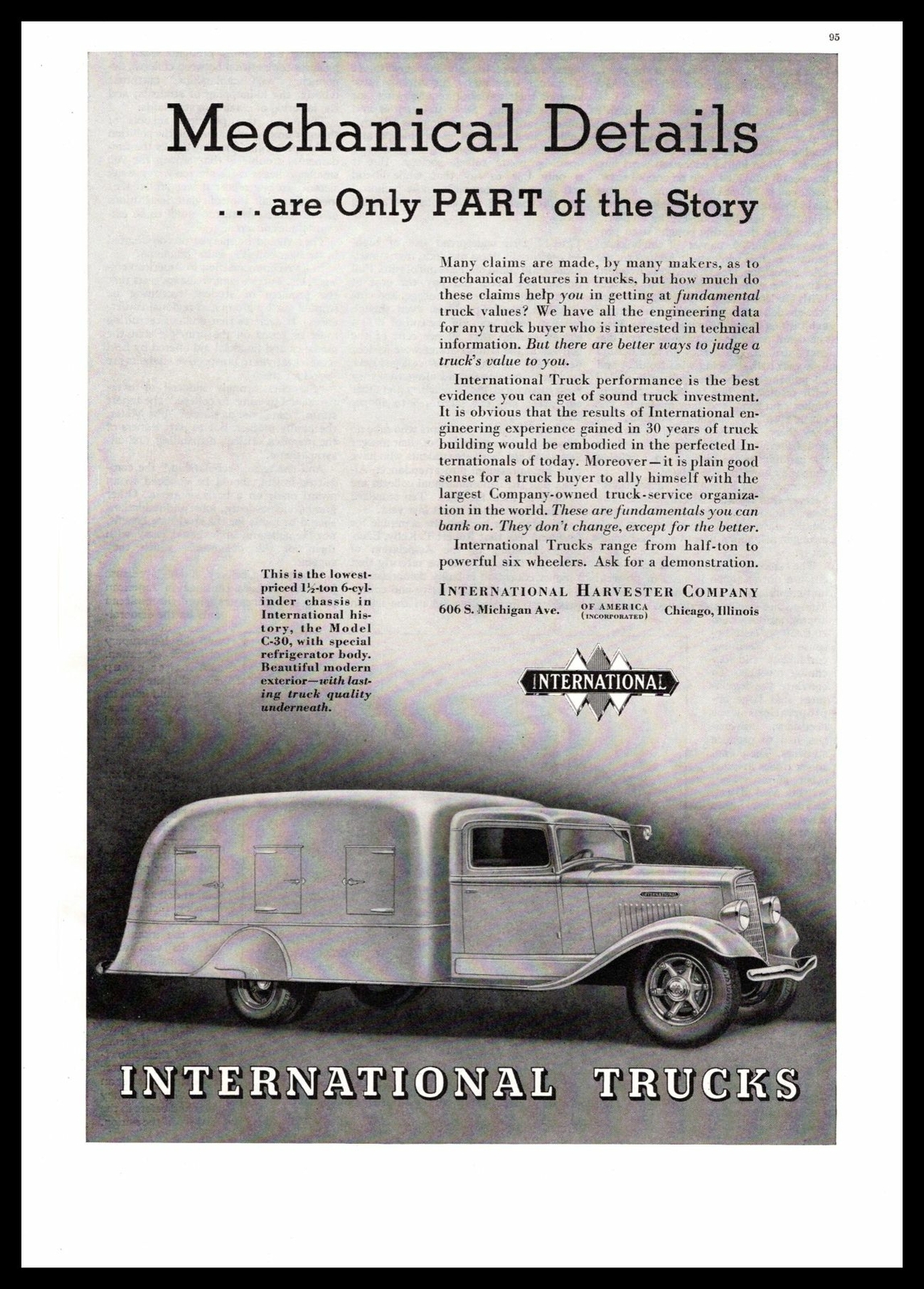 1935 International Harvester Truck Model C-30 1.5 Ton Refrigerator Body Print Ad