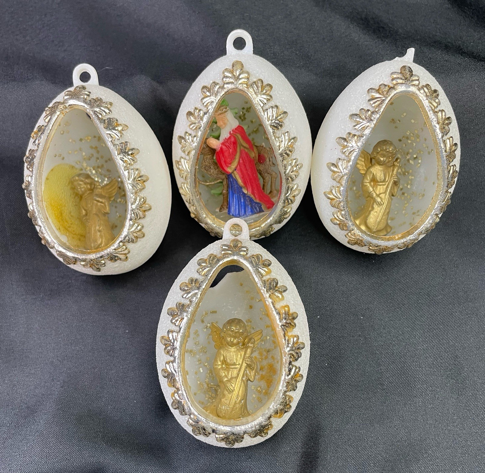 4 Vintage Plastic Christmas Diorama Egg Ornaments