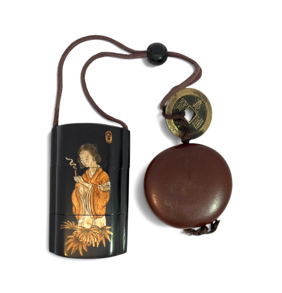 Antique Japanese Netsuke Sagemono Inro Set Edo Period, 3-Tier, Lacquer, Coins Antique Japanese Netsuke Sagemono Inro Set Edo Period, 3-Tier, Lacquer, Coins