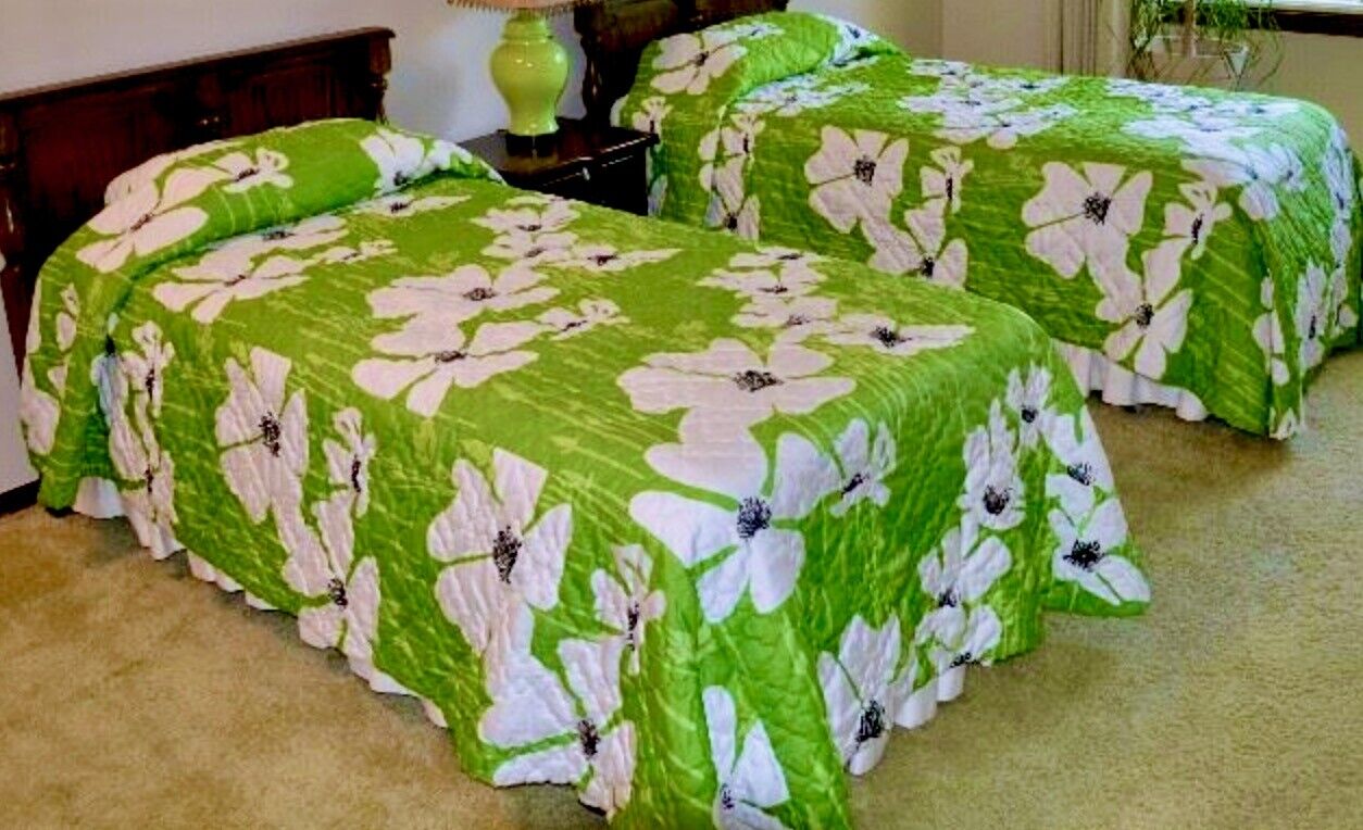 Vera Neumann VTG MCM Burlington House twin green floral mod bedspread #2 RARE