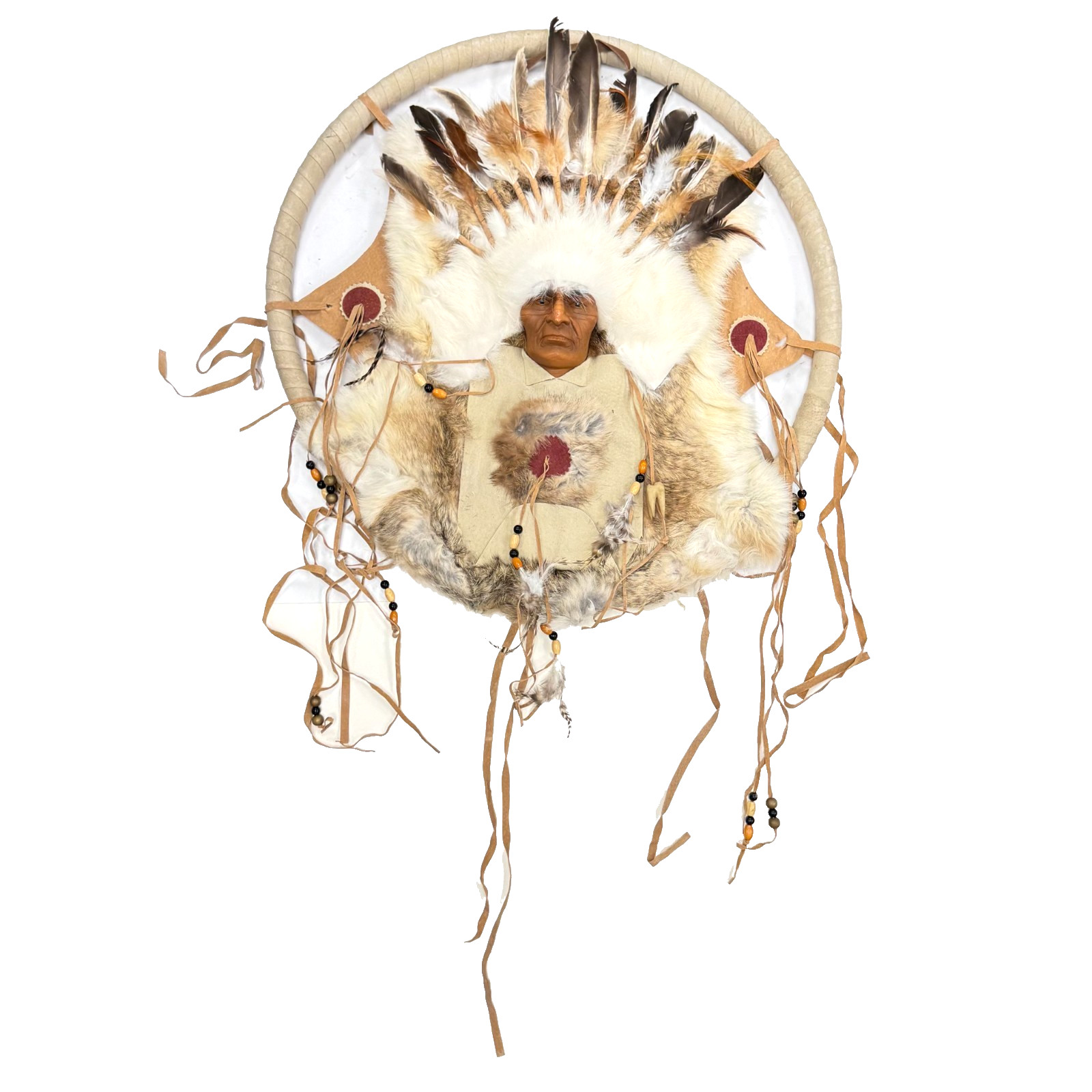Native American Style Dream Catcher Shield Chief Face Fur Feathers Wall Hanging