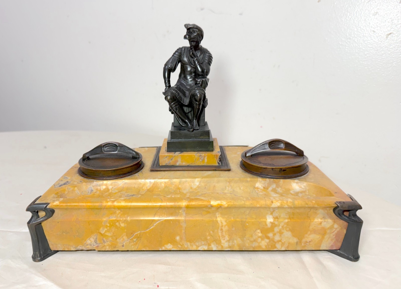 Antique French solid siena marble bronze Lorenzo De Medicis statue desk inkwell