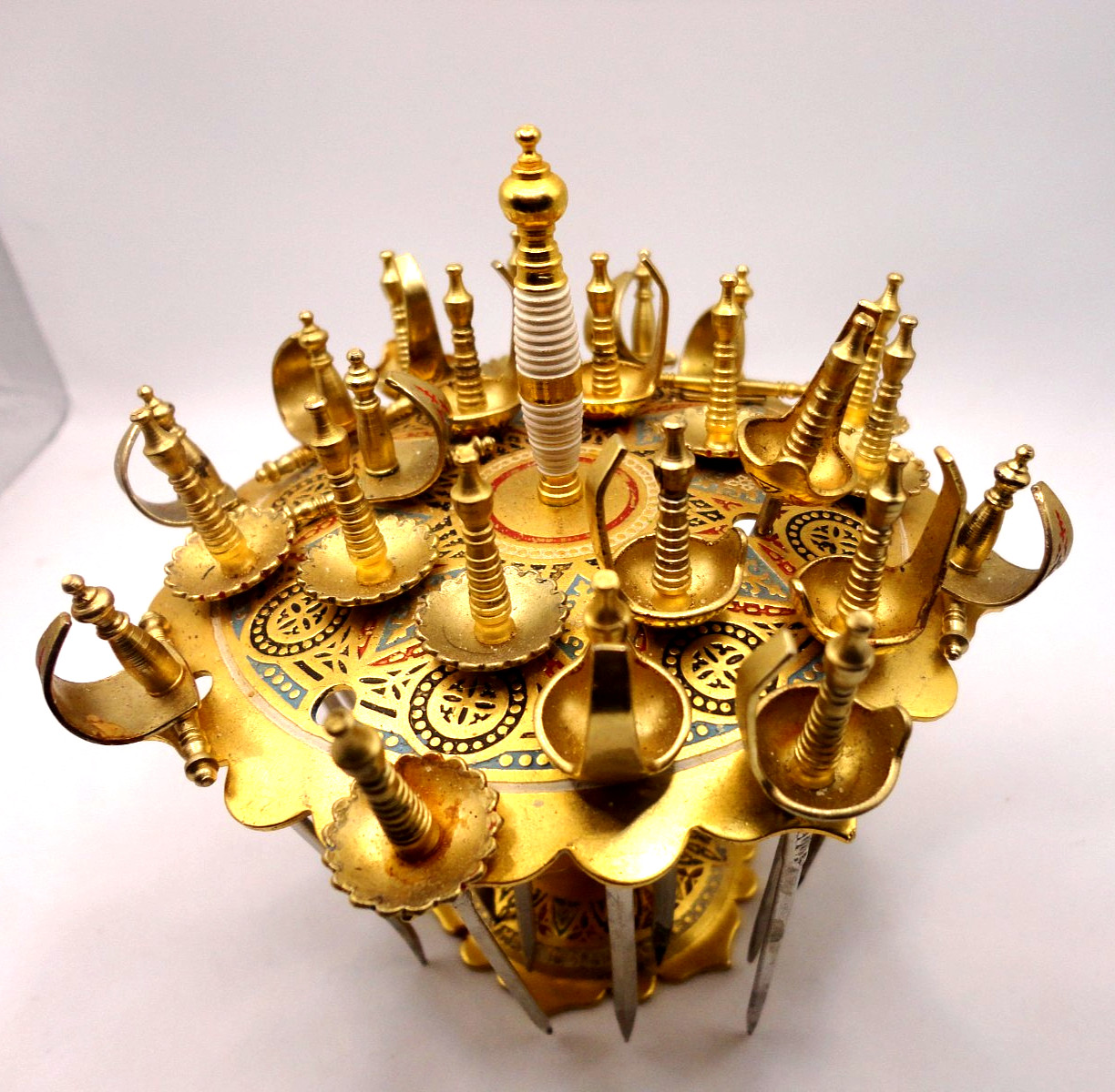 Vintage Toledo Spain 23-Sword Cocktail Pick Set On Two-Tier Brass Stand