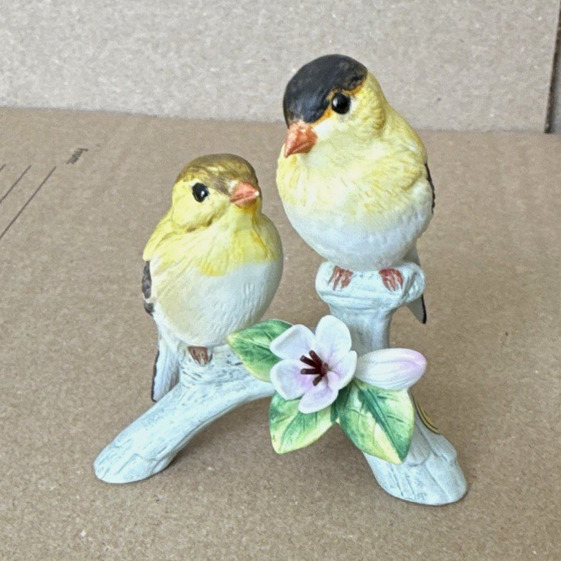 Andrea 1985 Porcelain Bird Figurine Pair on Branch Yellow White Black Signed
