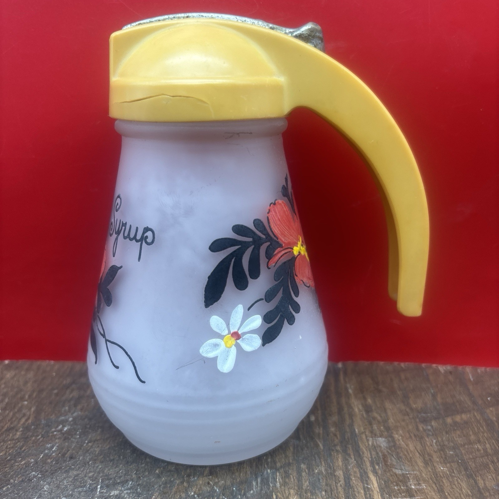 VTG HAZEL ATLAS FROSTED GLASS SYRUP Dispenser W/Handpainted Floral Design & Lid