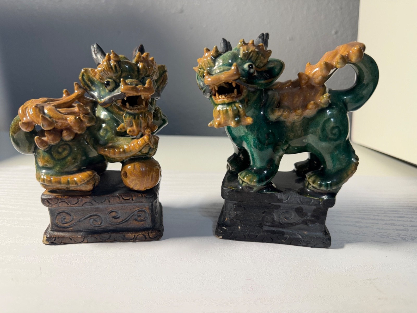 Vintage Chinese Glazed Porcelain  Shiwan Foo Dogs- Pair