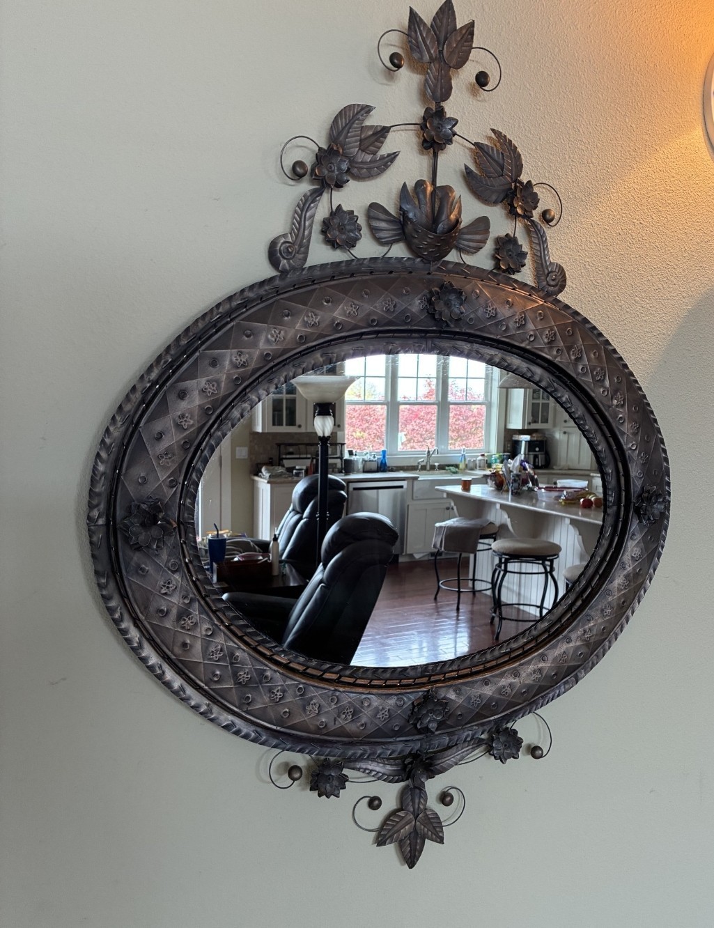 Vintage Mexican Punched Tin Oval Mirror 28x38 Nest Doves Folk Art Hojalata