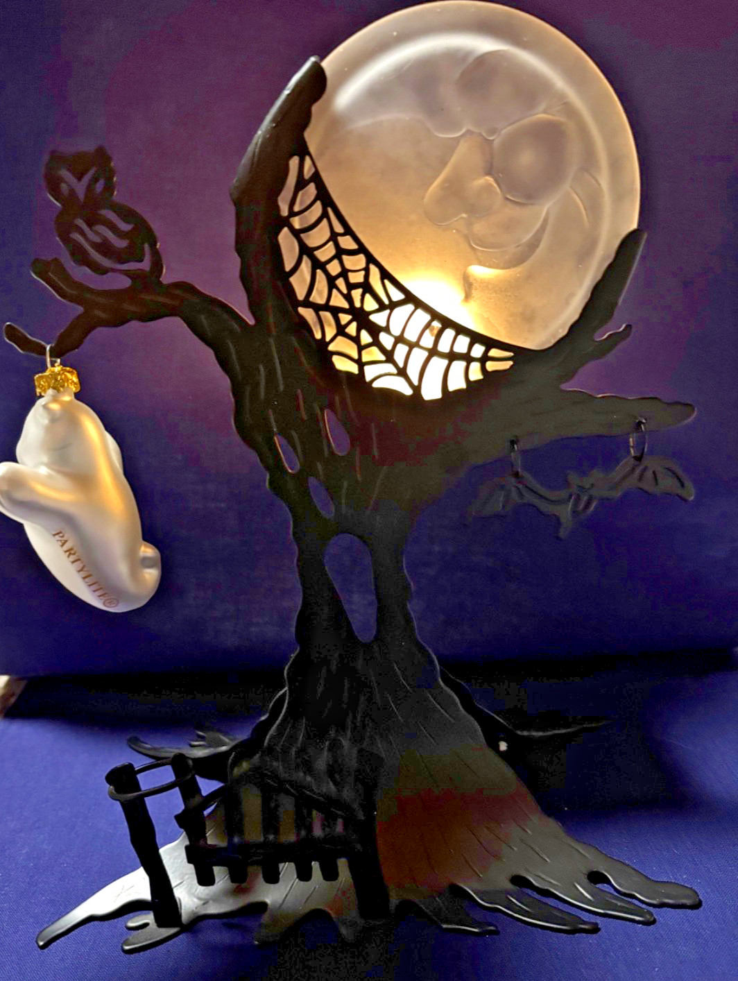 Vintage PartyLite Halloween Ghostly Tree Tea Candle Holder, Glass Moon/Ghost