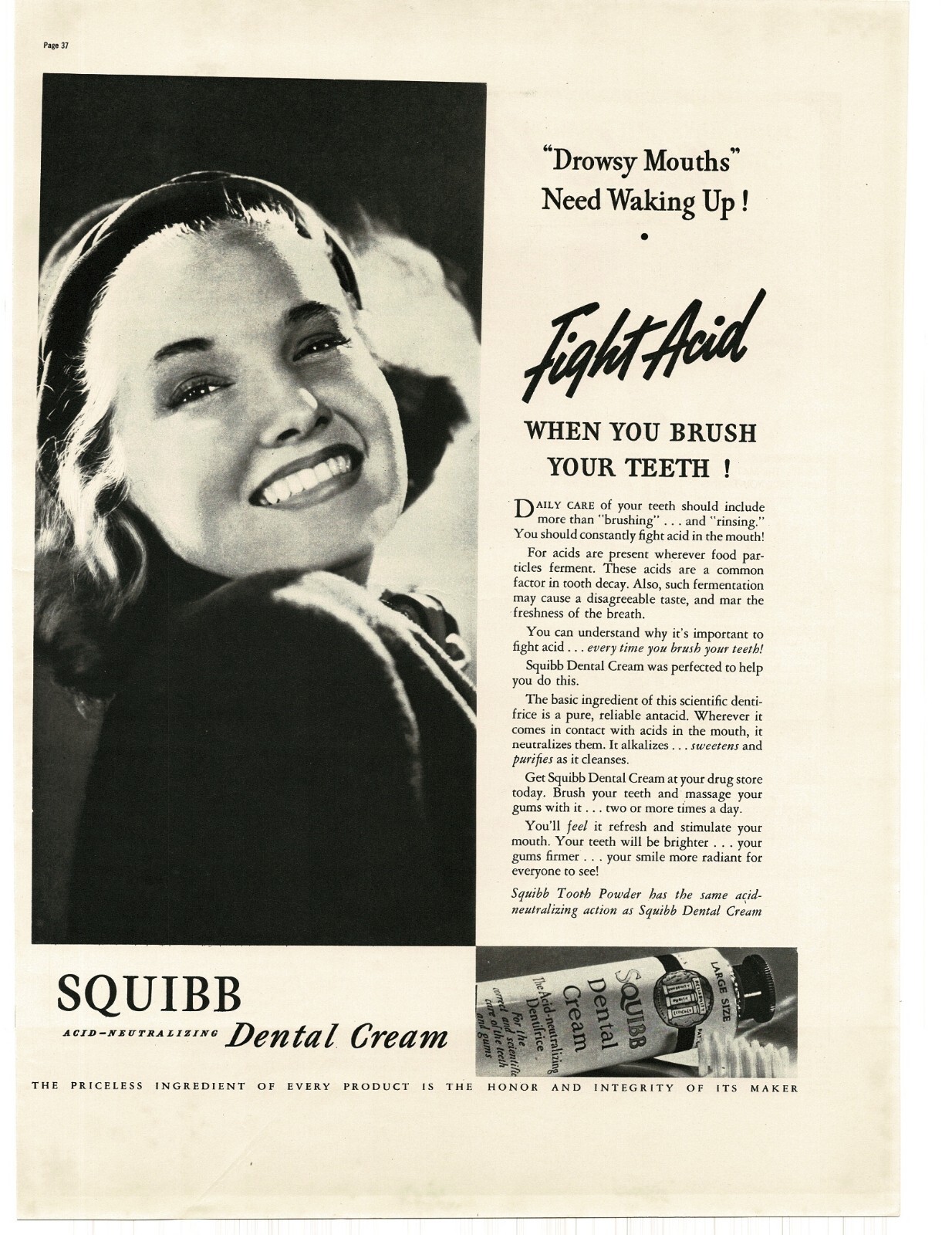 1938 Squibb Dental Cream Toothpaste fight acid Pretty Girl Vintage Print Ad 2