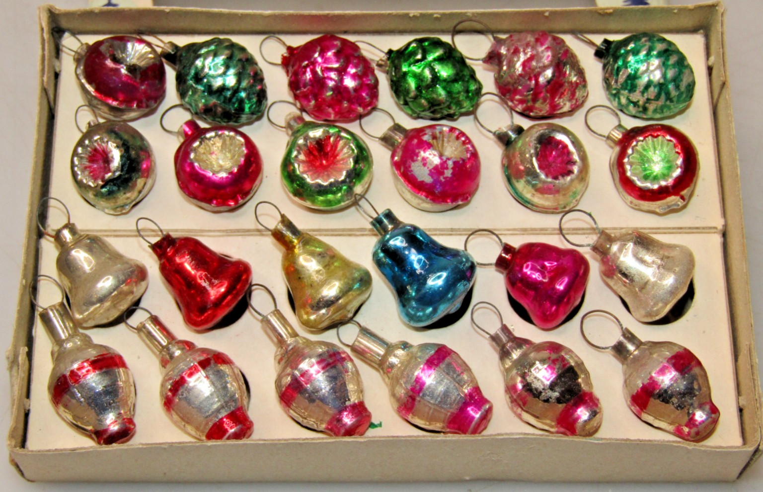Lot 24 VTG Glass Feather Tree PINECONE LANTERN Indent Mini Christmas Ornaments
