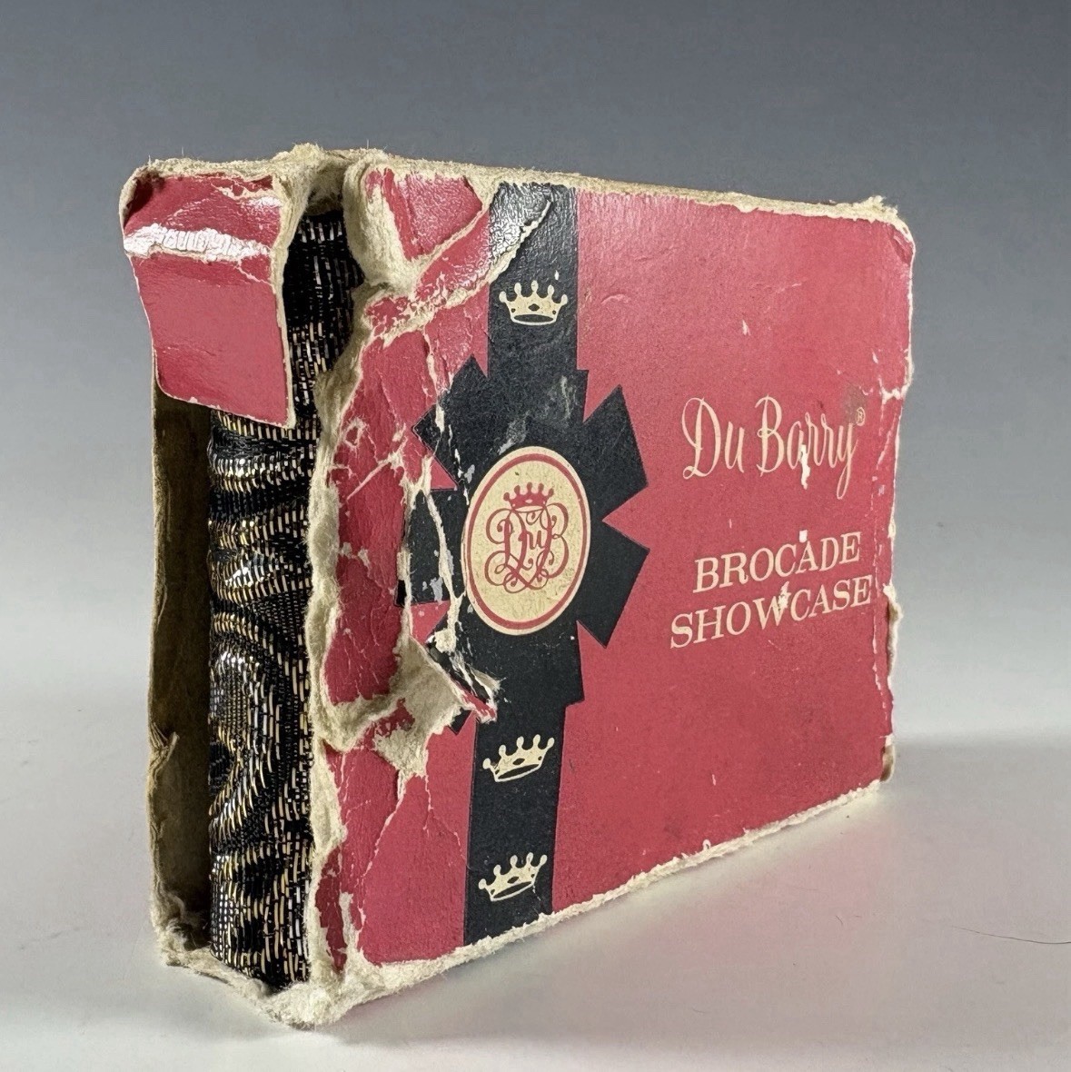 Du Barry Compact Brocade Showcase Lipstick & Powder In Box 1950’s Black & Gold